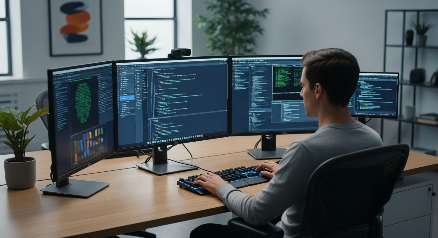 programmer coding on multiple monitors in a modern office