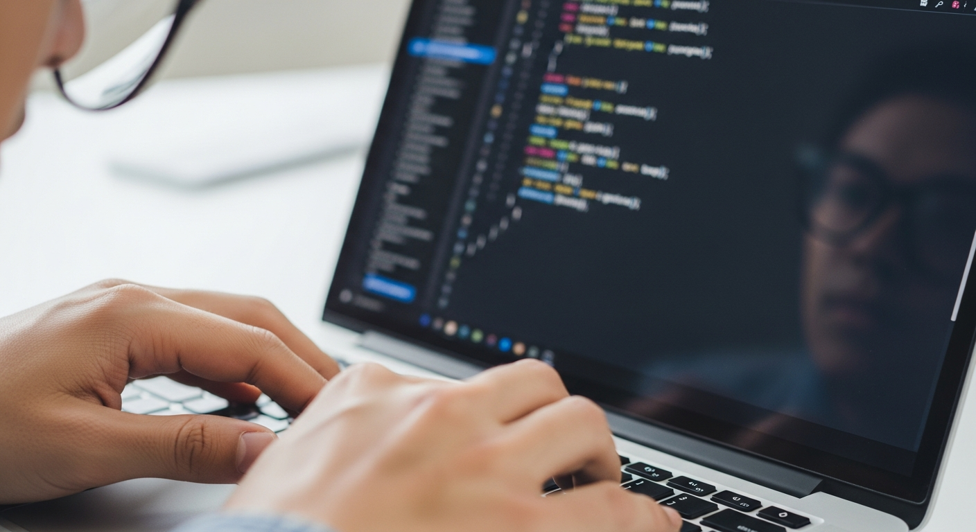 person typing code on a laptop screen close up