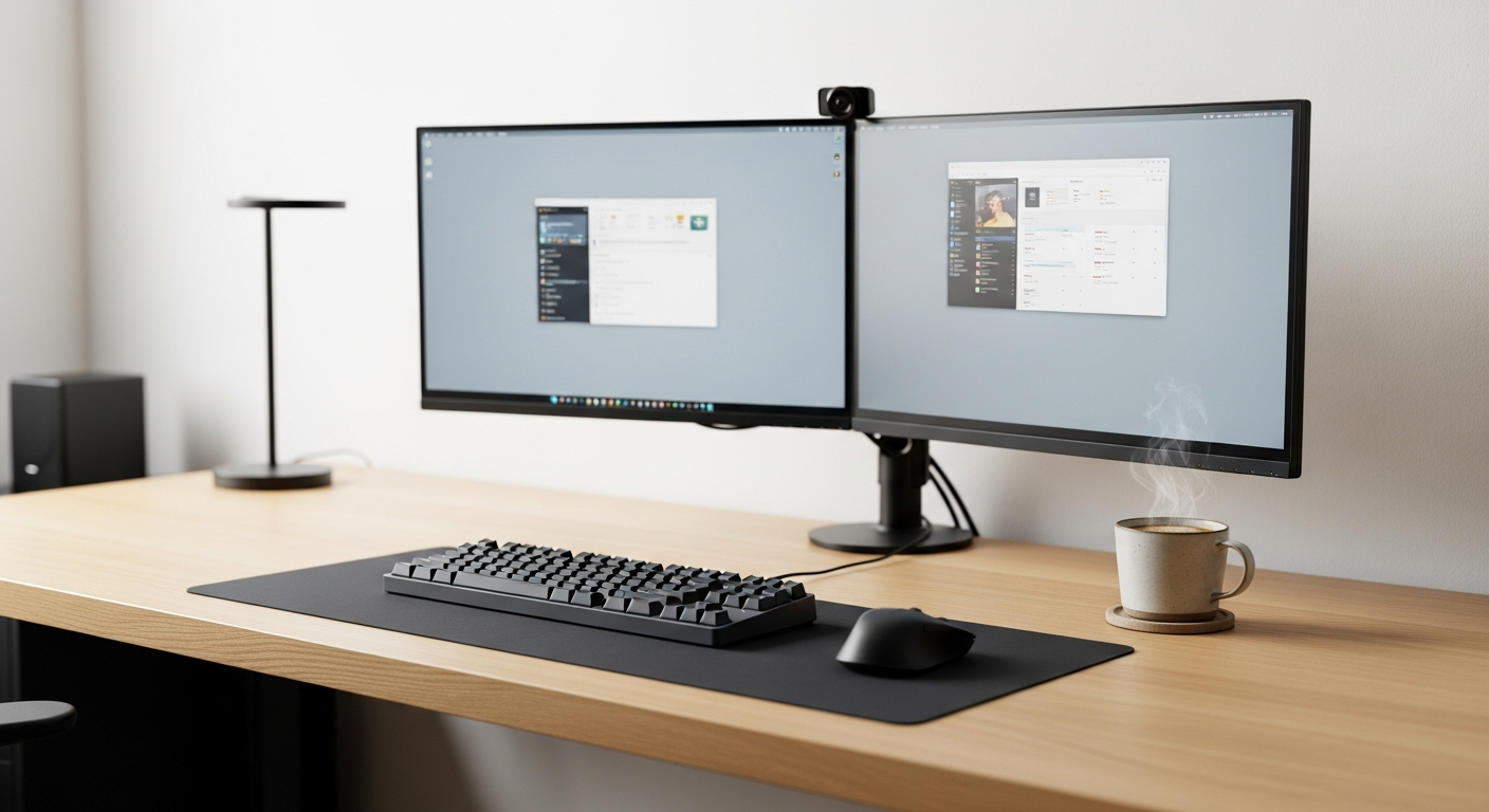 minimal home office desk with dual monitors and coffee