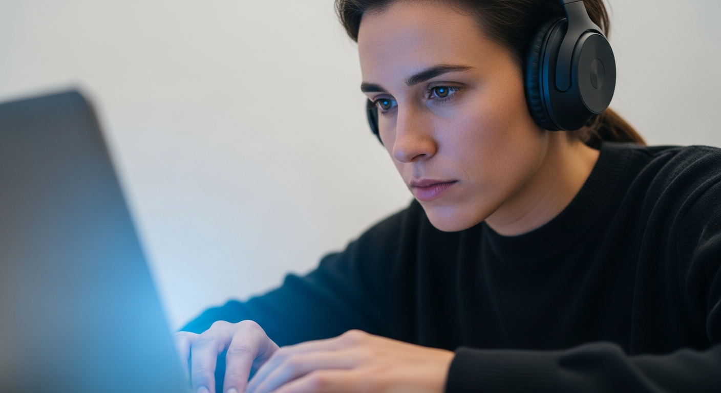person wearing headphones looking at laptop screen focused
