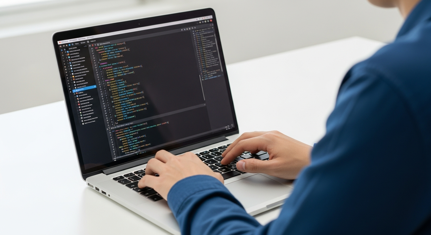 person typing on laptop coding