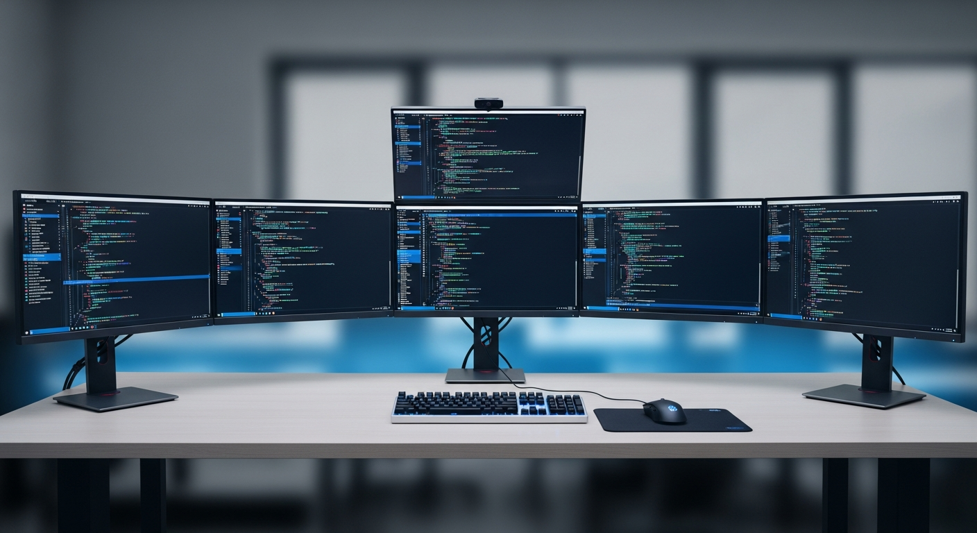 multiple computer monitors displaying code