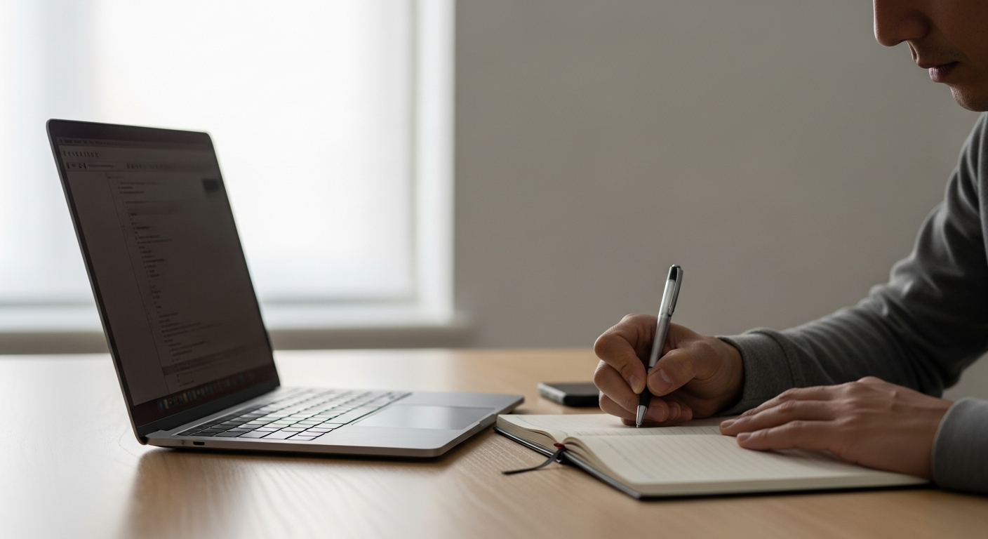 developer writing notes in notebook next to laptop