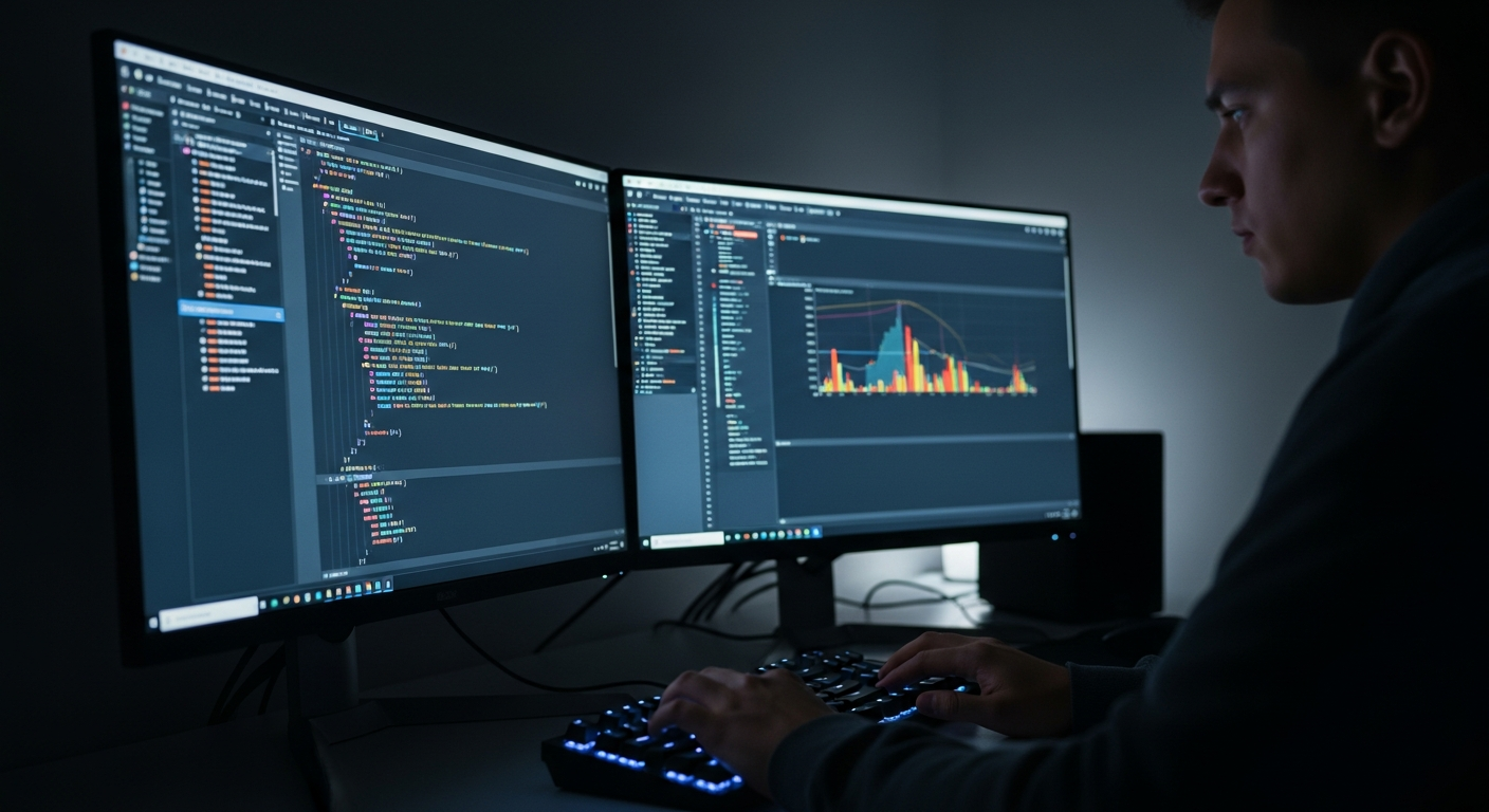 programmer typing on dual monitors in dark room