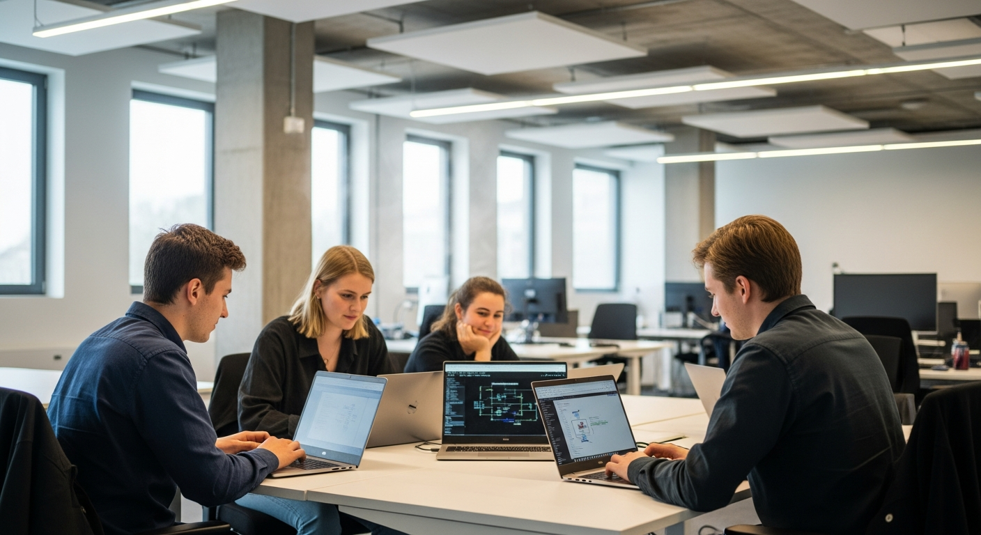 students collaborating over laptops in bright tech office