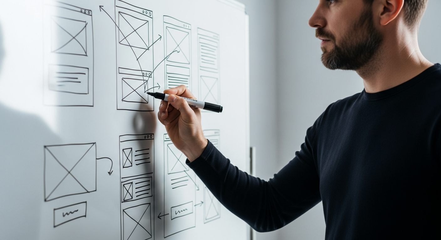 developer sketching website wireframes on whiteboard