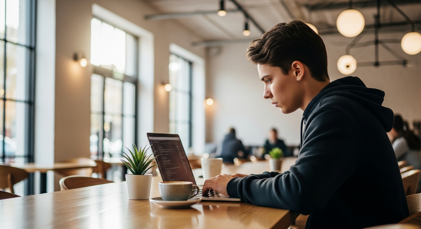 programmer working on laptop in modern cafe