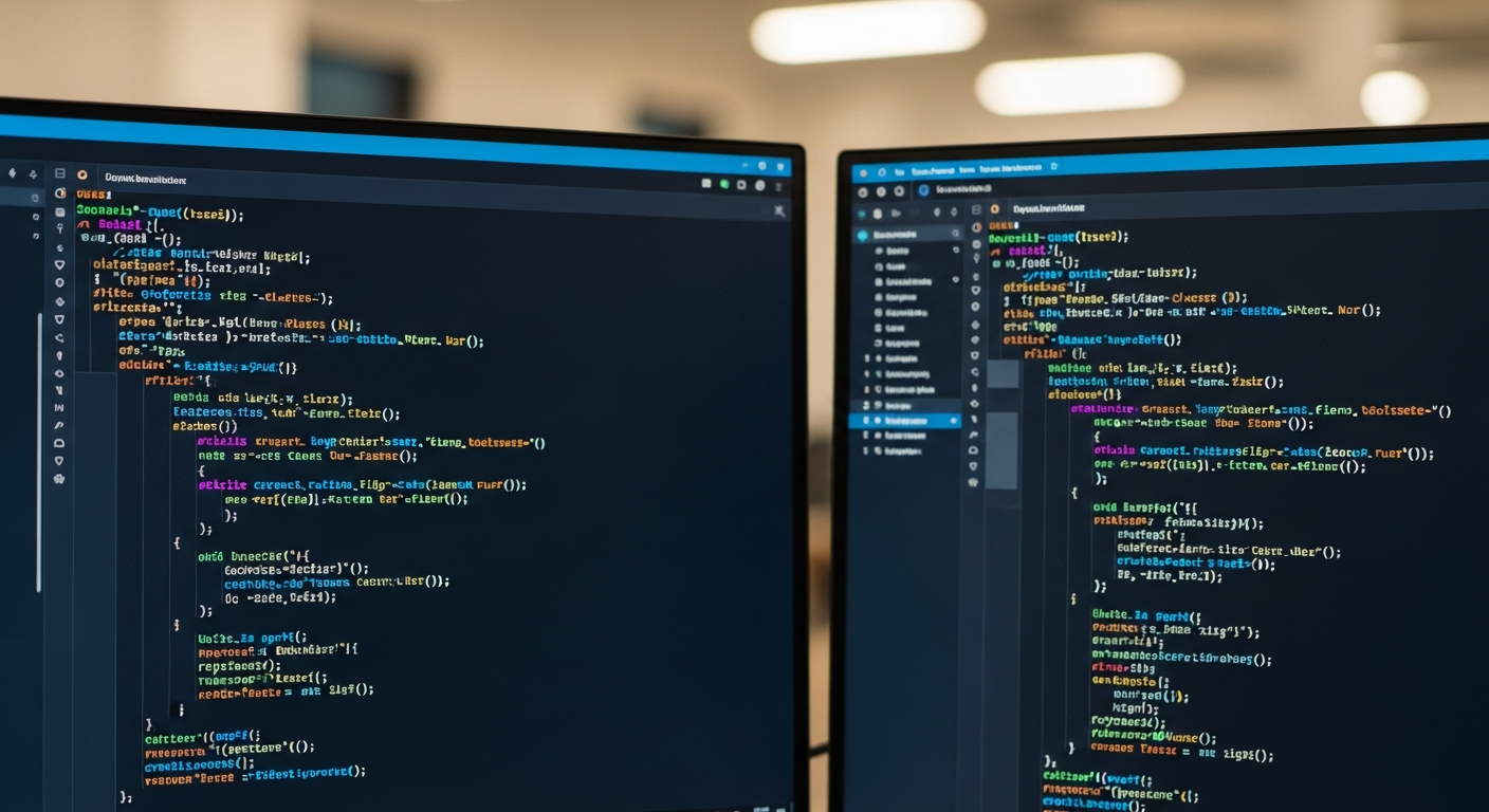 close up of dual monitors displaying colorful code