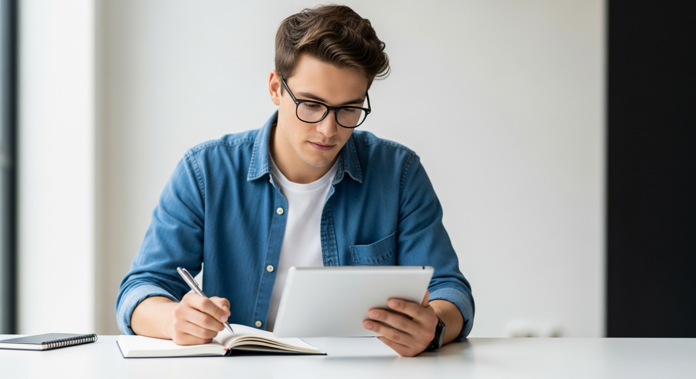 student reading from tablet and taking notes