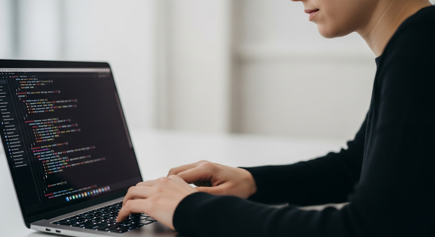 person typing on laptop coding