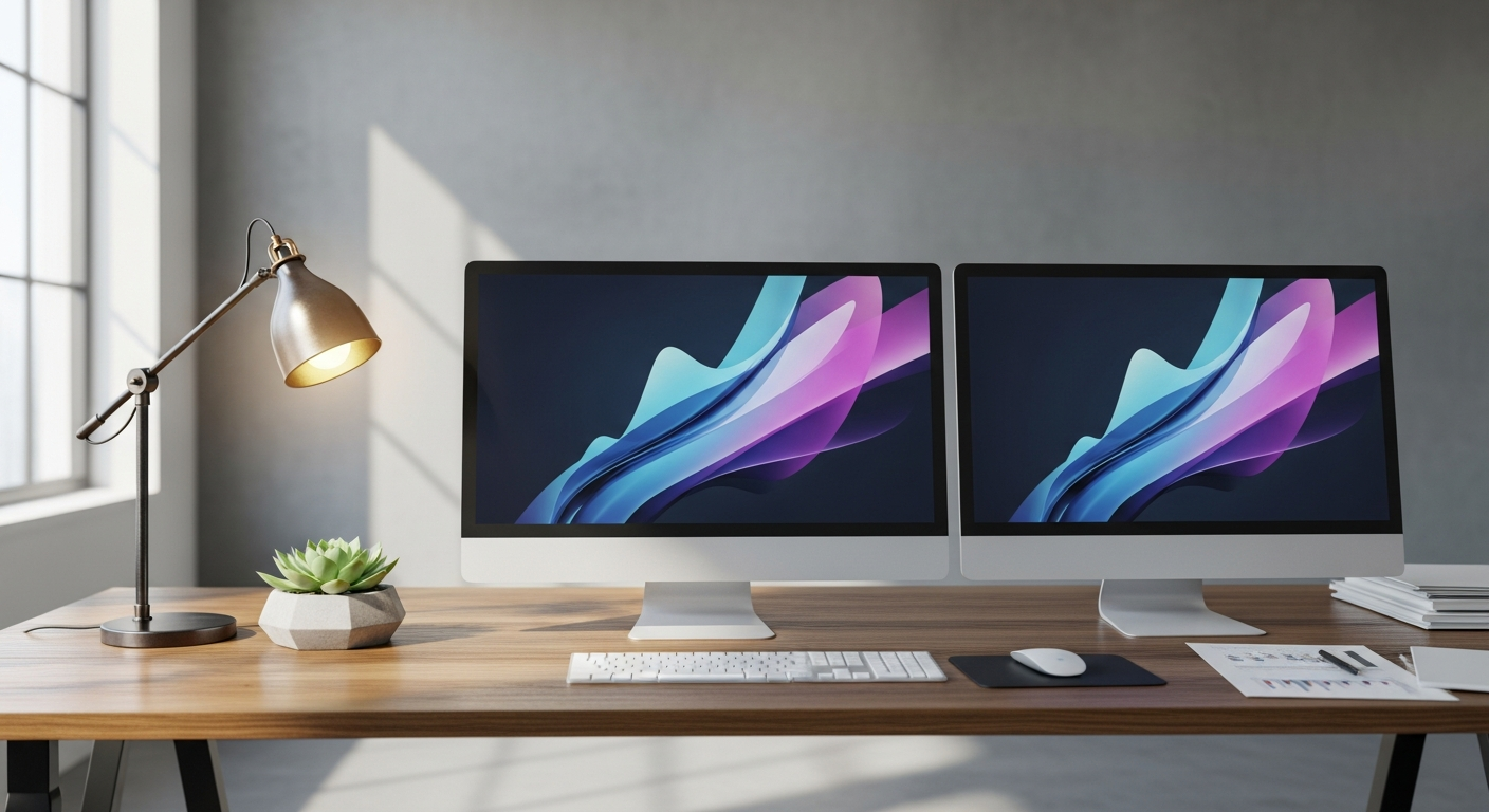 modern office workspace dual monitors