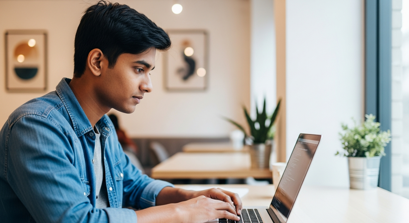 young indian student coding on laptop in modern cafe
