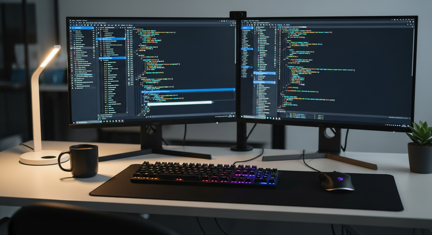 software developer workspace with dual monitors and mechanical keyboard