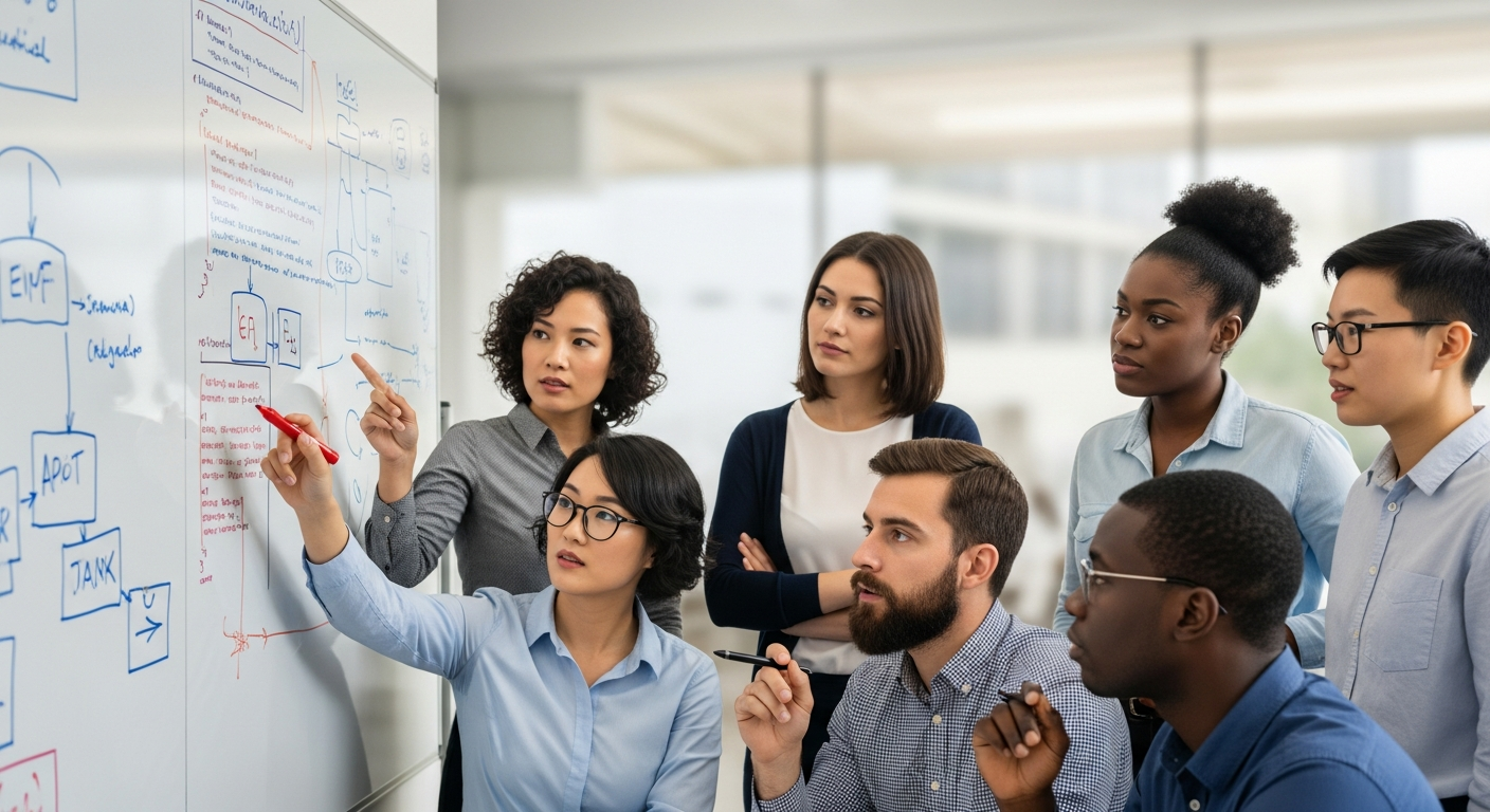 diverse software engineering team discussing code on a whiteboard