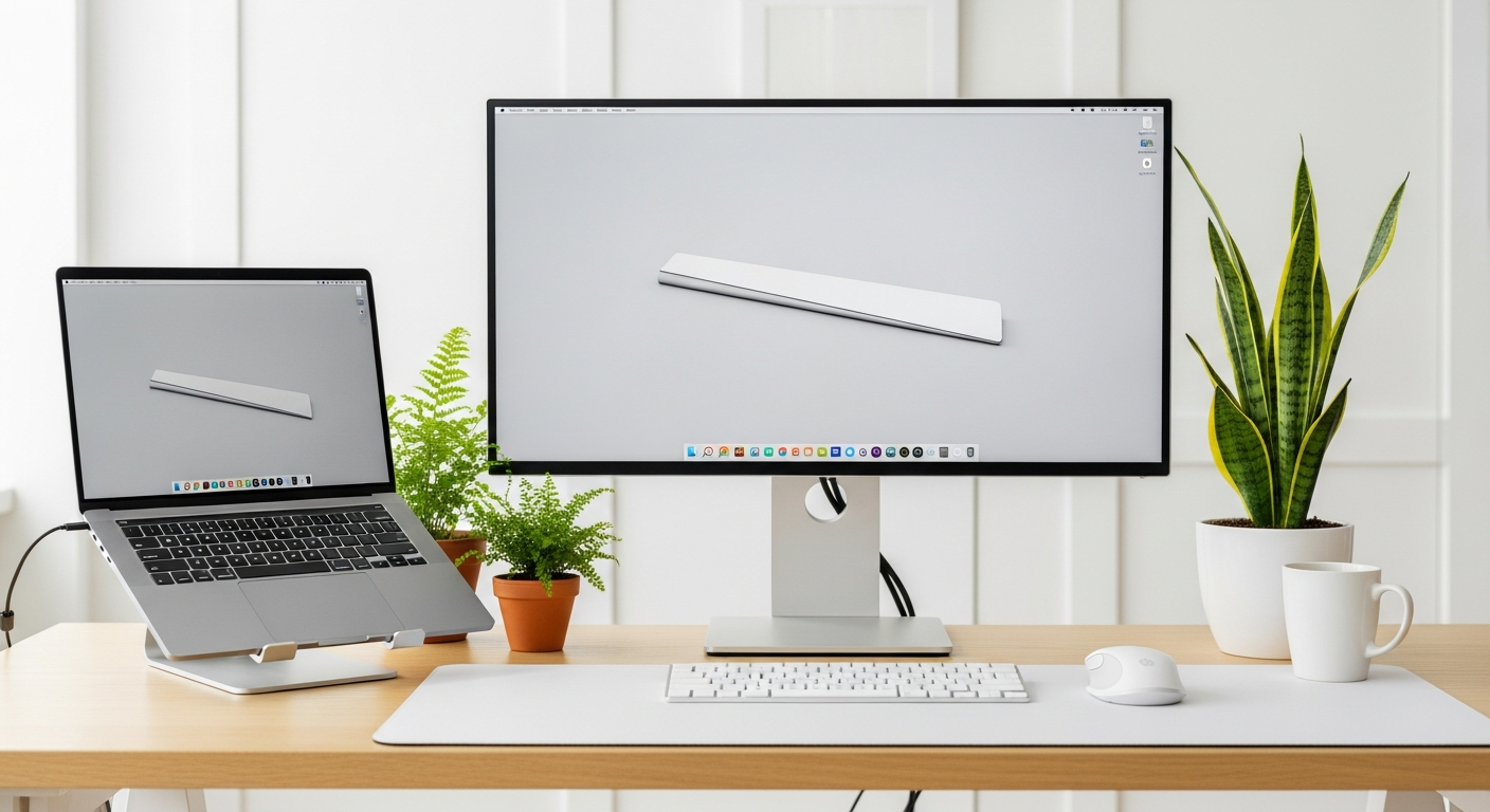 clean modern desk setup with laptop monitor and indoor plants