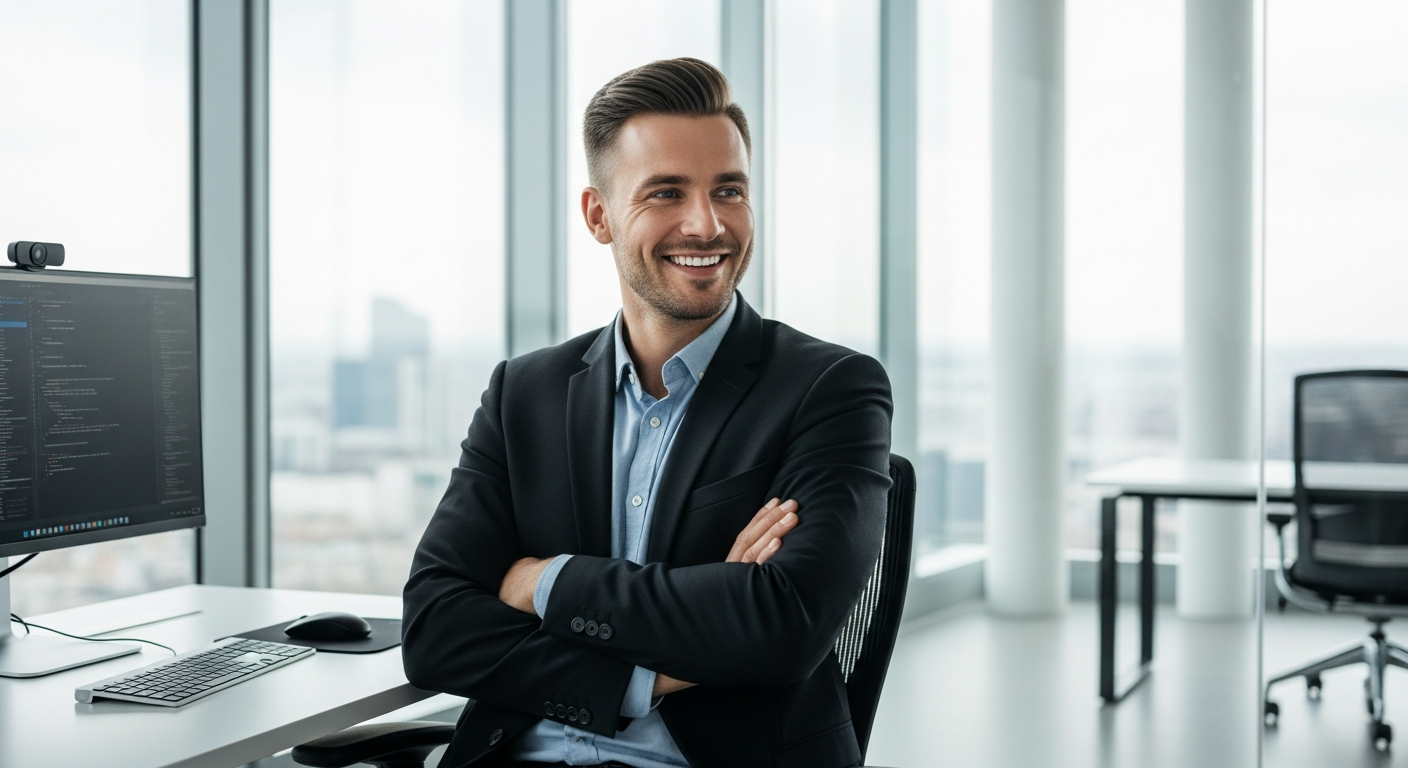 successful programmer smiling in modern glass office