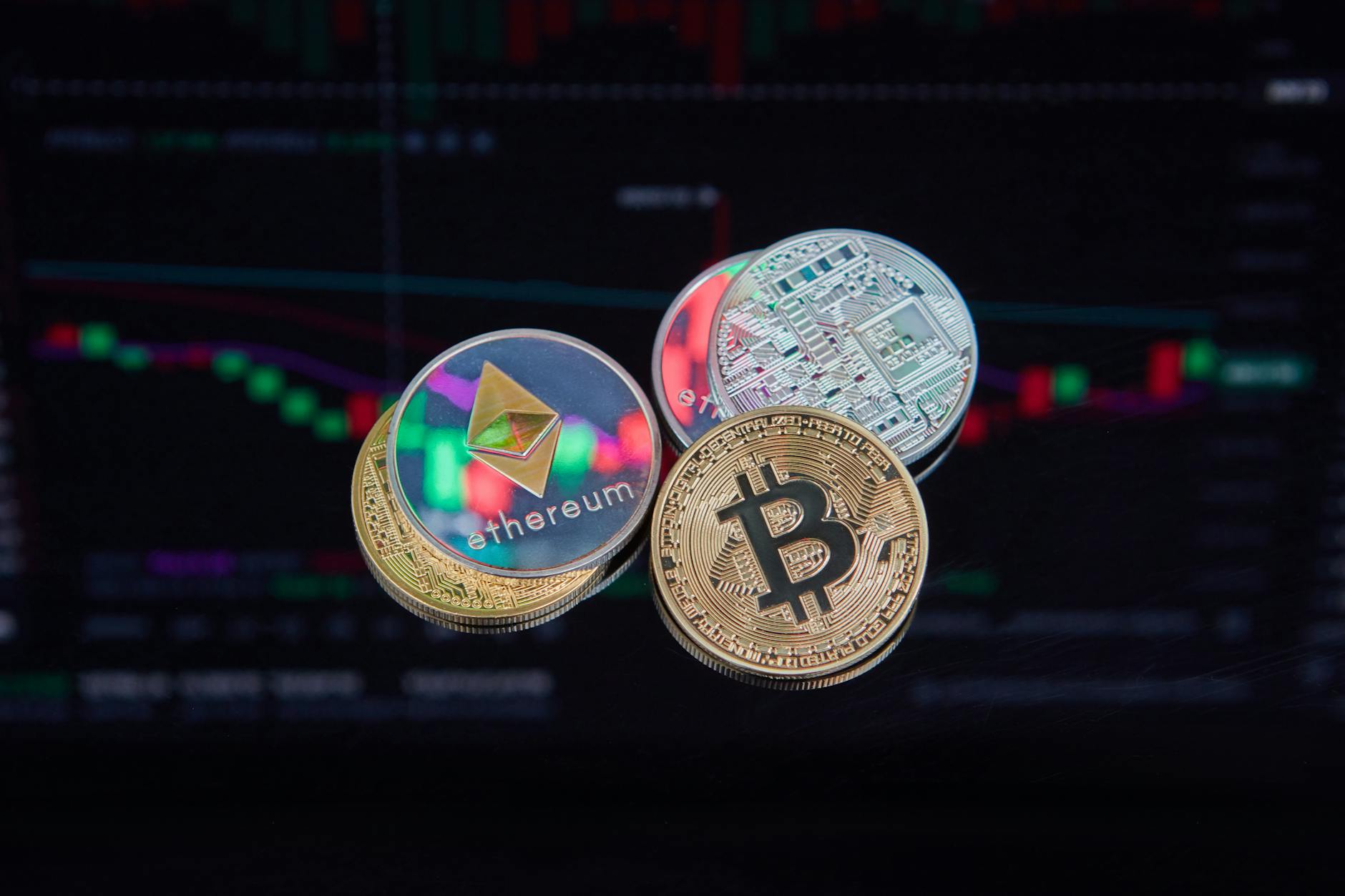 Floating Bitcoin and Ethereum coins with a market trend chart in the background symbolizing digital finance.