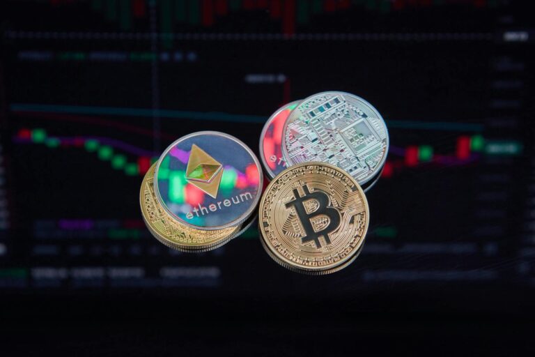 Floating Bitcoin and Ethereum coins with a market trend chart in the background symbolizing digital finance.